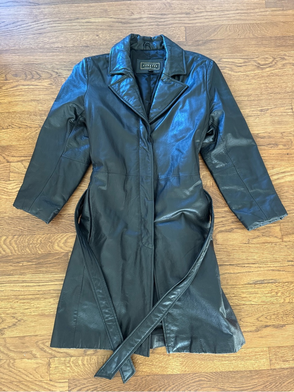 Express Vintage 90s Leather Trench Coat Matrix Grunge Goth, Size Medium